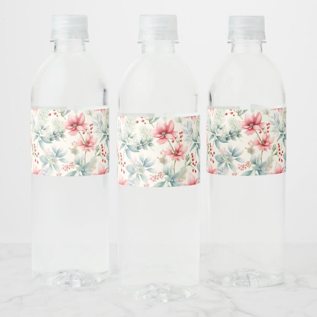 Red Floral Holiday Water Bottle Label (Bottles)