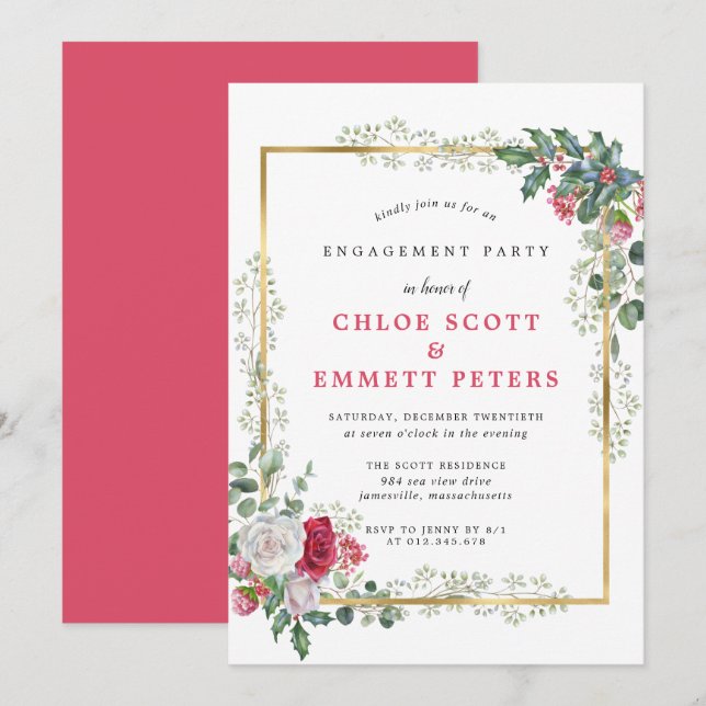 Red Floral Holly Berries Engagement Party Invitation (Front/Back)