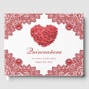 Red Floral Lace Rustic 15th Birthday Quinceañera Guest Book