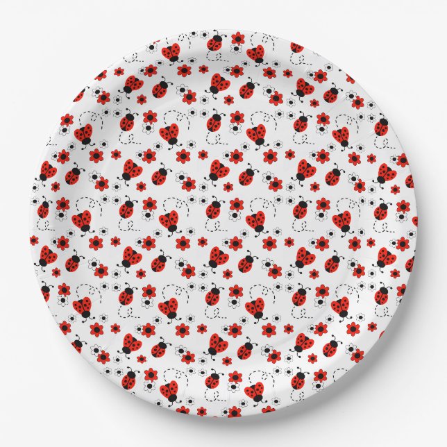 Red Floral Ladybugs Paper Plate (Front)