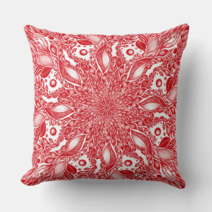 Red floral leaf mandala design throw pillow