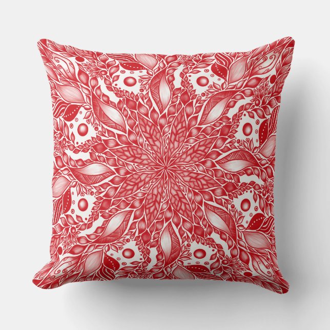 Red floral leaf mandala design throw pillow (Front)