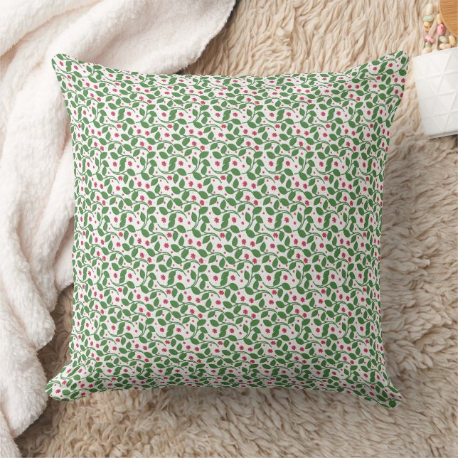 Red Floral Leaf Pattern, Dark Botanical Seamless  Throw Pillow (Blanket)
