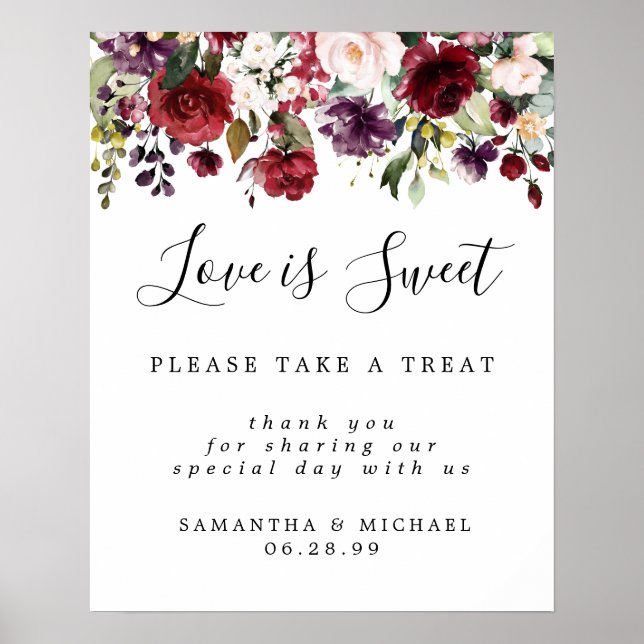 Red Floral Love is Sweet Wedding Dessert Bar Sign (Front)