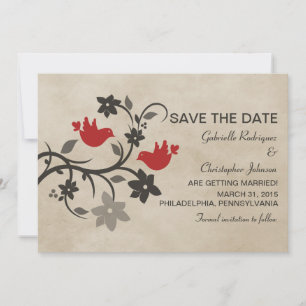 Red Floral Lovebirds Save the Date Invite