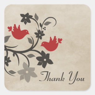 Red Floral Lovebirds Thank You Stickers