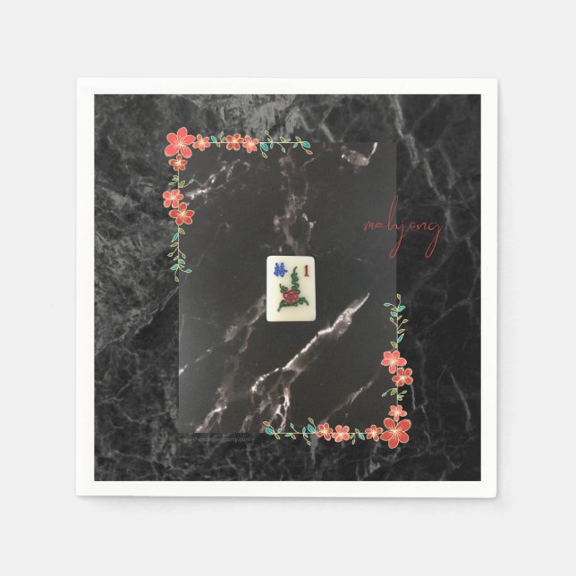 Red floral mahjong paper plate  napkin (Front)