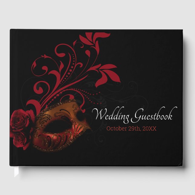 Red Floral Mask Wedding Guest Book (Front)