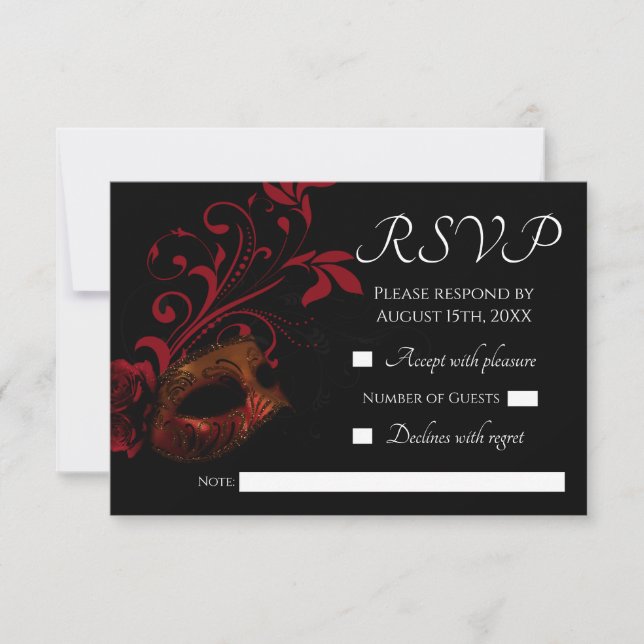 Red Floral Mask Wedding RSVP card (Front)