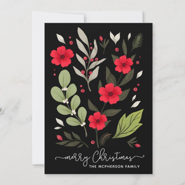 Red Floral Modern Botanical Christmas Card (Front)