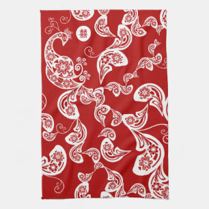 Red Floral Paisley Peacock Chic Elegant Stylish Kitchen Towel
