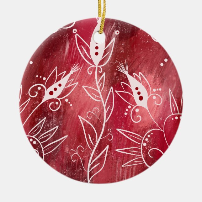 Red Floral Pattern Ceramic Ornament (Front)