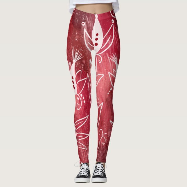 Red Floral Pattern Leggings (Front)
