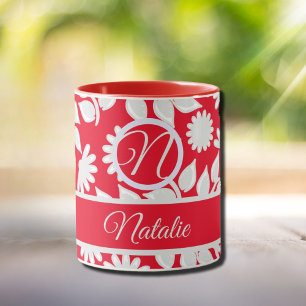 Red floral pattern - monogrammed mug