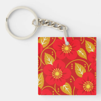 Red Floral Pattern on a Dark Red Background Keychain