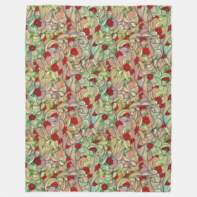 Red Floral Pattern with Colourful Soft Wavy Lines  Fleece Blanket (Front)