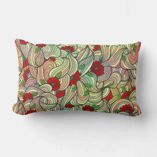 Red Floral Pattern with Colourful Soft Wavy Lines Lumbar Pillow