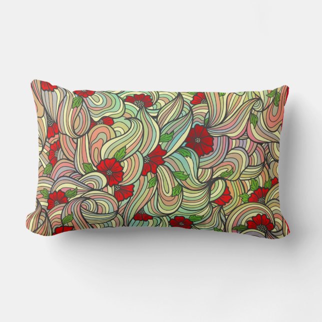 Red Floral Pattern with Colourful Soft Wavy Lines  Lumbar Pillow (Front)
