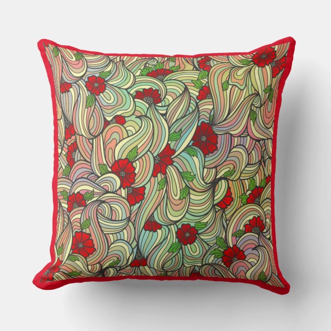 Red Floral Pattern with Colourful Soft Wavy Lines Throw Pillow (Front)