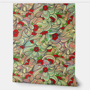 Red Floral Pattern with Colourful Soft Wavy Lines Wallpaper