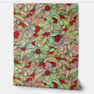 Red Floral Pattern with Colourful Soft Wavy Lines  Wallpaper