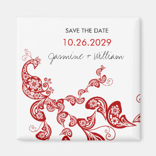 Red Floral Peacock Custom Save The Date Magnet
