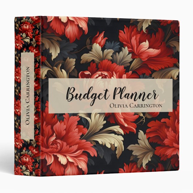 Red Floral Peony Pattern Personalized Binder (Front/Spine)