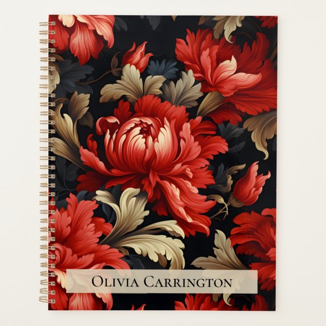 Red Floral Peony Pattern Personalized Planner (Front)