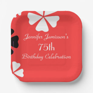 Red Floral Personalized 75th Birthday Party Paper Plate