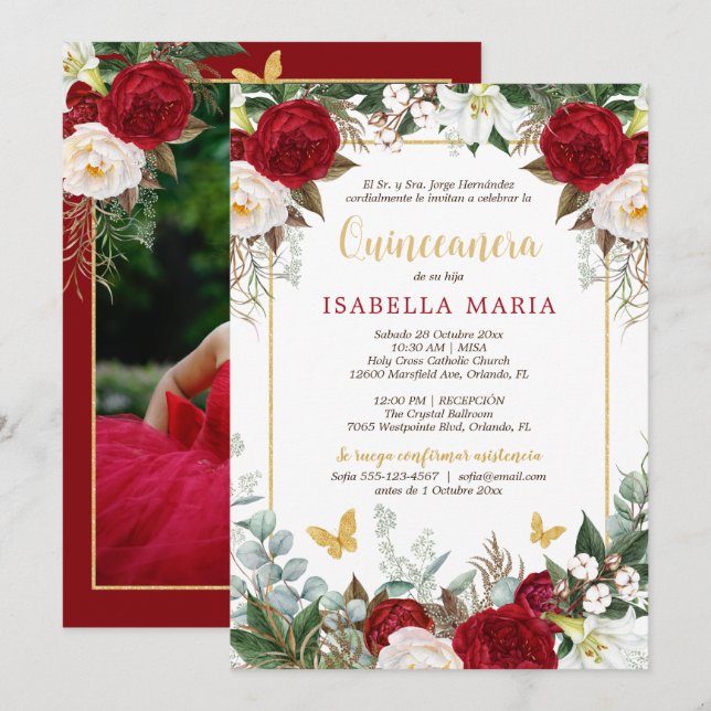 Red Floral Photo Quinceanera Invite in Spanish  (Front/Back)