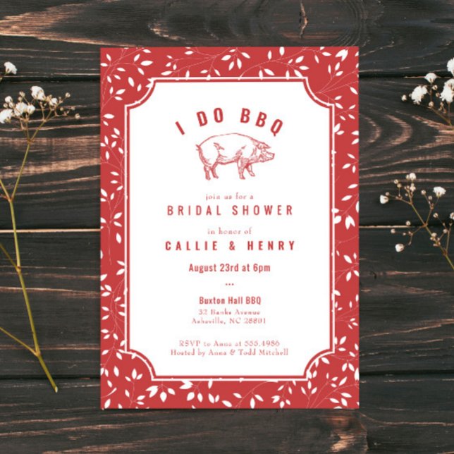 Red Floral Pig I DO BBQ Bridal Shower Invitation (Creator Uploaded)
