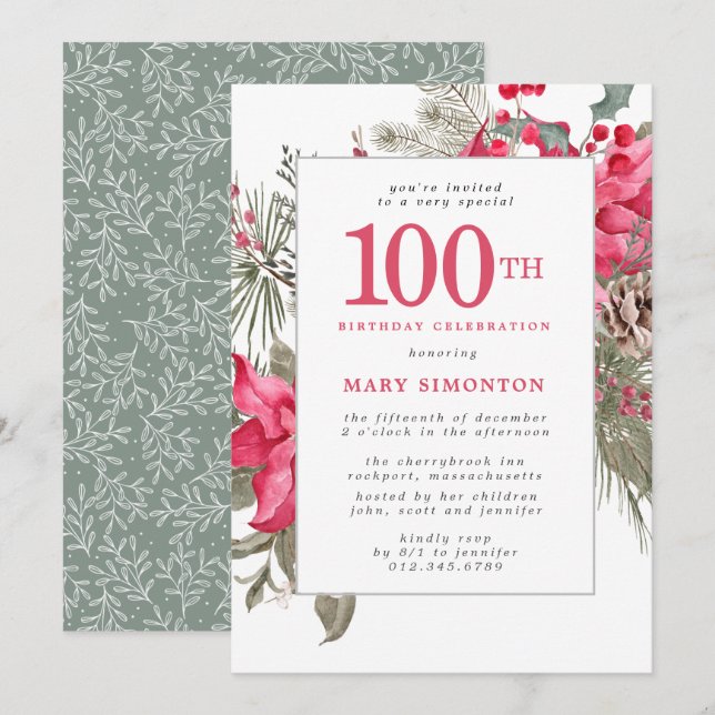 Red Floral Poinsettia 100th Birthday Party Invitation (Front/Back)