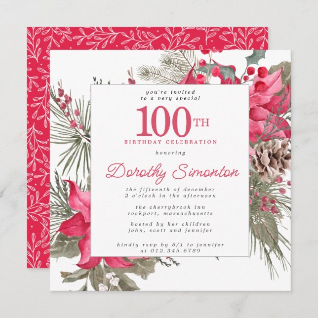 Red Floral Poinsettia 100th Birthday Party Square Invitation (Front/Back)
