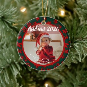 Red Floral pointsettia baby first Christmas Photo Ceramic Ornament