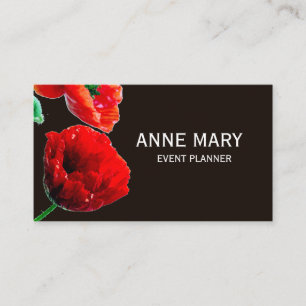 Red Floral Poppy Flower Event Planner Black Trendy Business Card