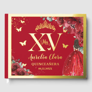 Red Floral Princess Dress Quinceañera Quince Gold Guest Book