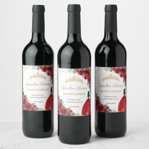 Red Floral Princess Gold Quinceañera Birthday  Wine Label