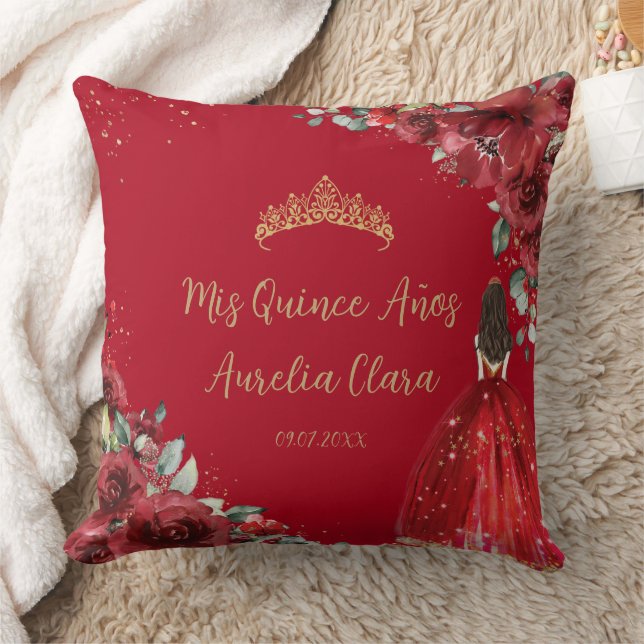 Red Floral Princess Gold Quinceañera Keepsake Throw Pillow (Blanket)