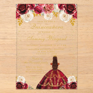 Red Floral Princess Quinceañera Acrylic Invitations