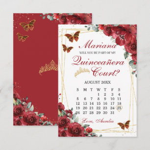 Red Floral Quinceanera 15 Court Proposal Card