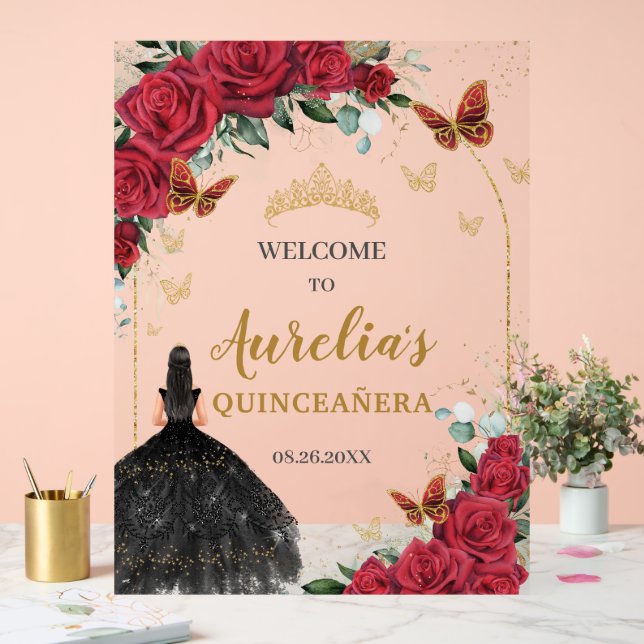 Red Floral Quinceañera Black Dress Butterflies Acrylic Sign (Wedding)