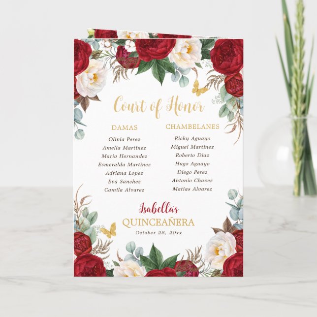 Red Floral Quinceanera Princess Padrinos Event Program (Back)