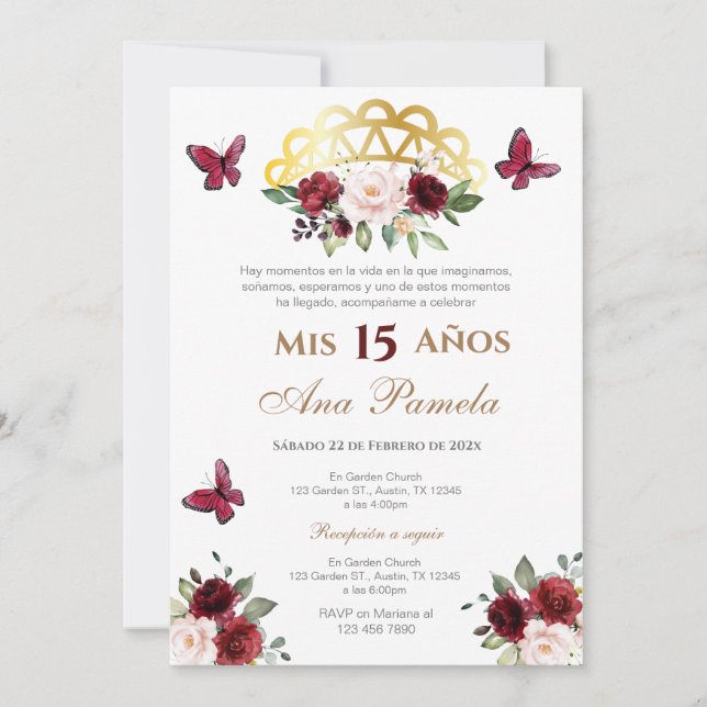 Red Floral Quinceañera Spanish Invitation (Front)