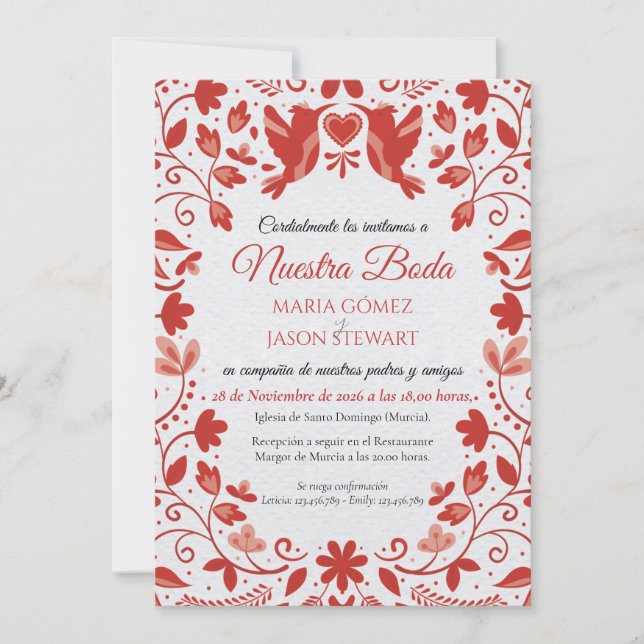 Red Floral Romantic Aesthetic Spanish Wedding Invitation (Front)