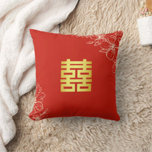 Red floral script Chinese wedding tea ceremony Throw Pillow