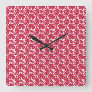 Red Floral Seamless Pattern, Elegant Flower Repeat Square Wall Clock