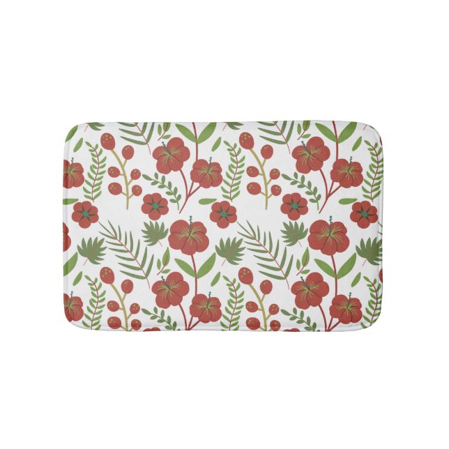 Red floral seamless pattern on white background bath mat (Front)