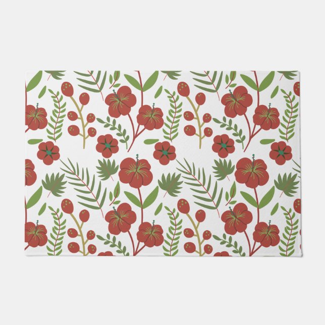 Red floral seamless pattern on white background doormat (Front)