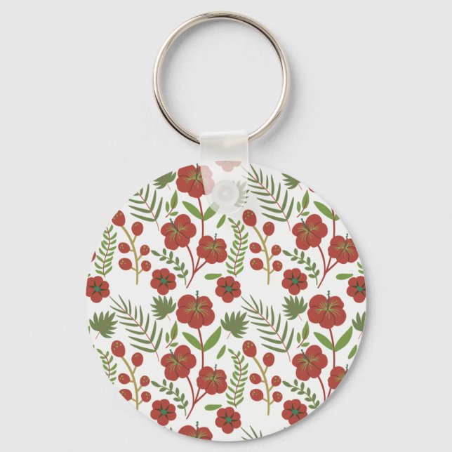 Red floral seamless pattern on white background keychain (Front)