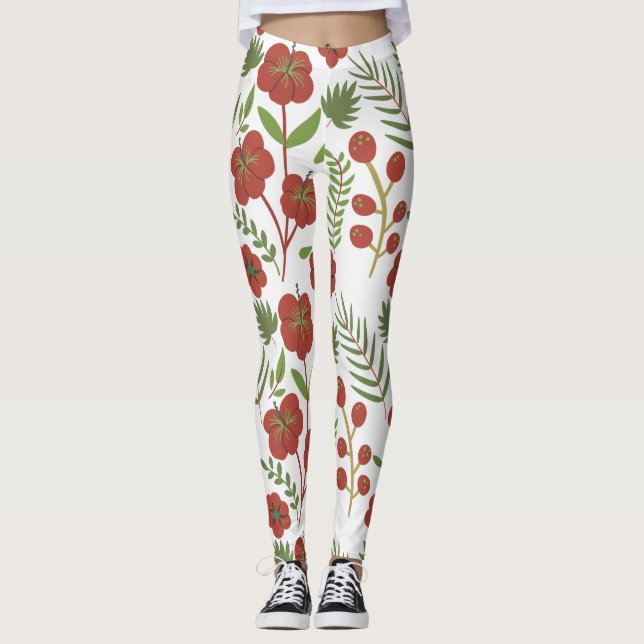 Red floral seamless pattern on white background leggings (Front)